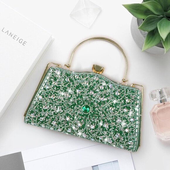 Women Green Sparkly Crystal Clutch Rhinestone Diamond Handbag - Picture 7 of 7